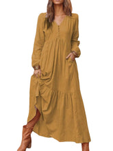 Women Solid Color V-neck Button Pleated Long Sleeve Vintage Maxi Dress